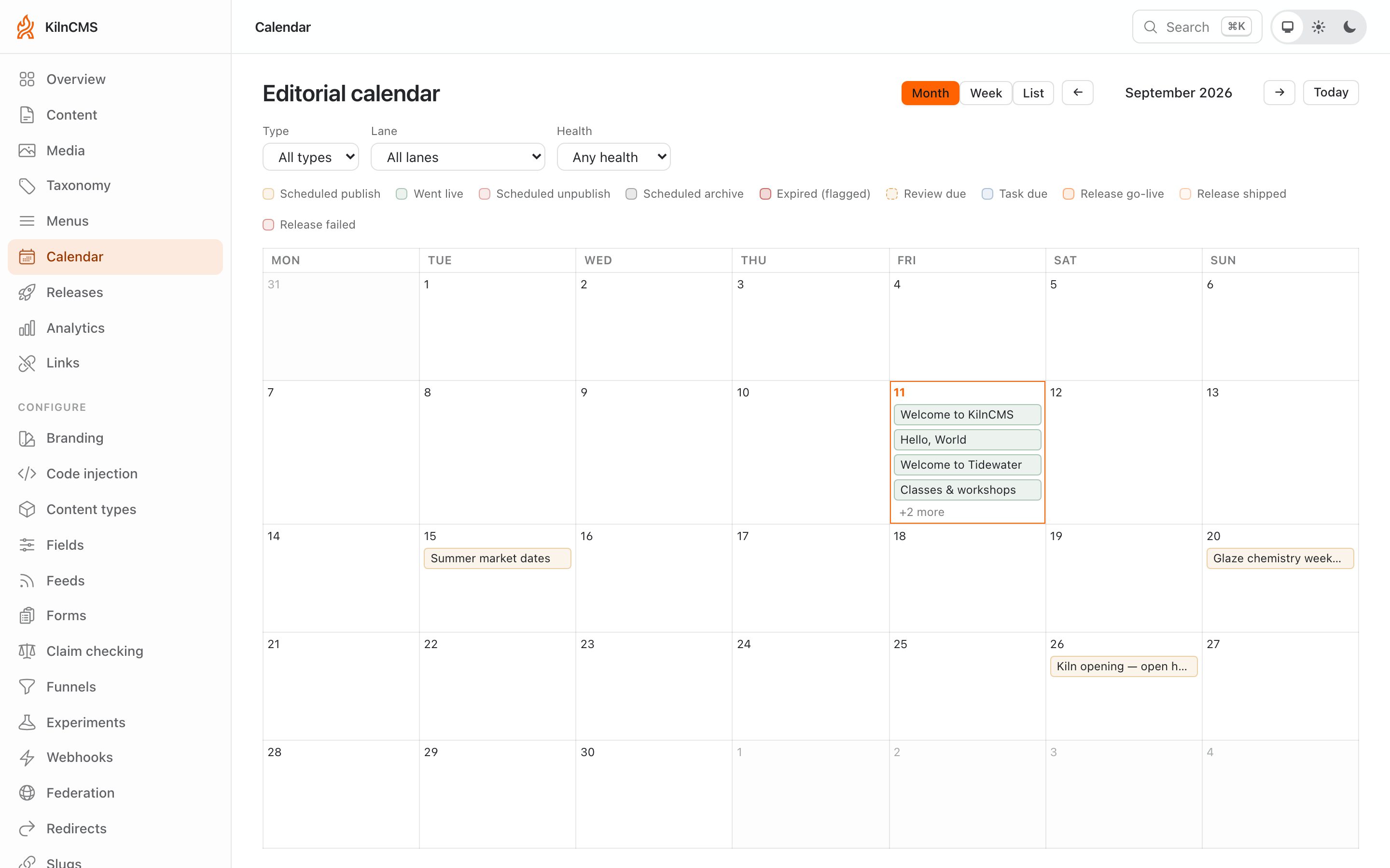 The KilnCMS publishing calendar with scheduled posts.