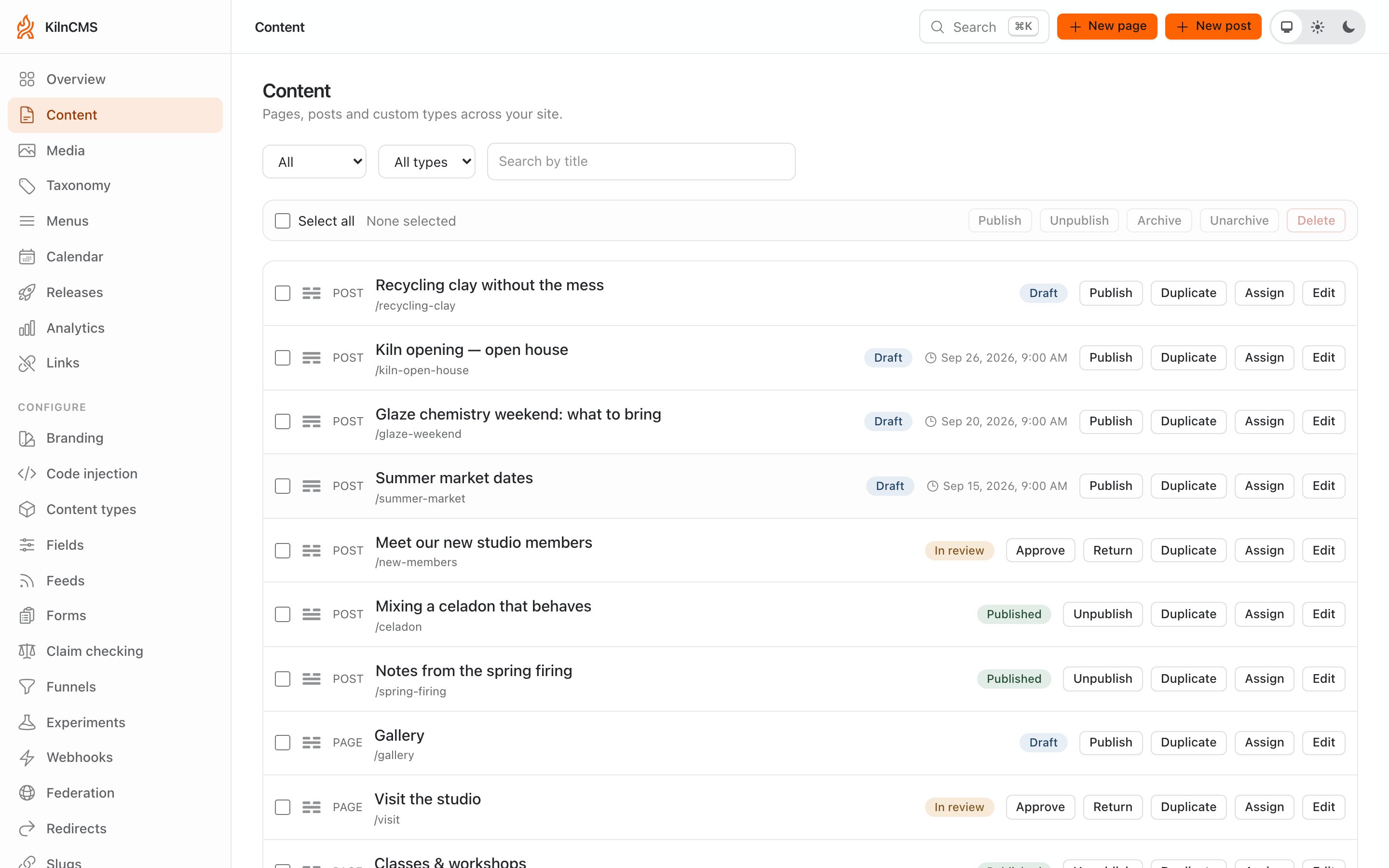 The KilnCMS content list, showing pages and posts with their states.