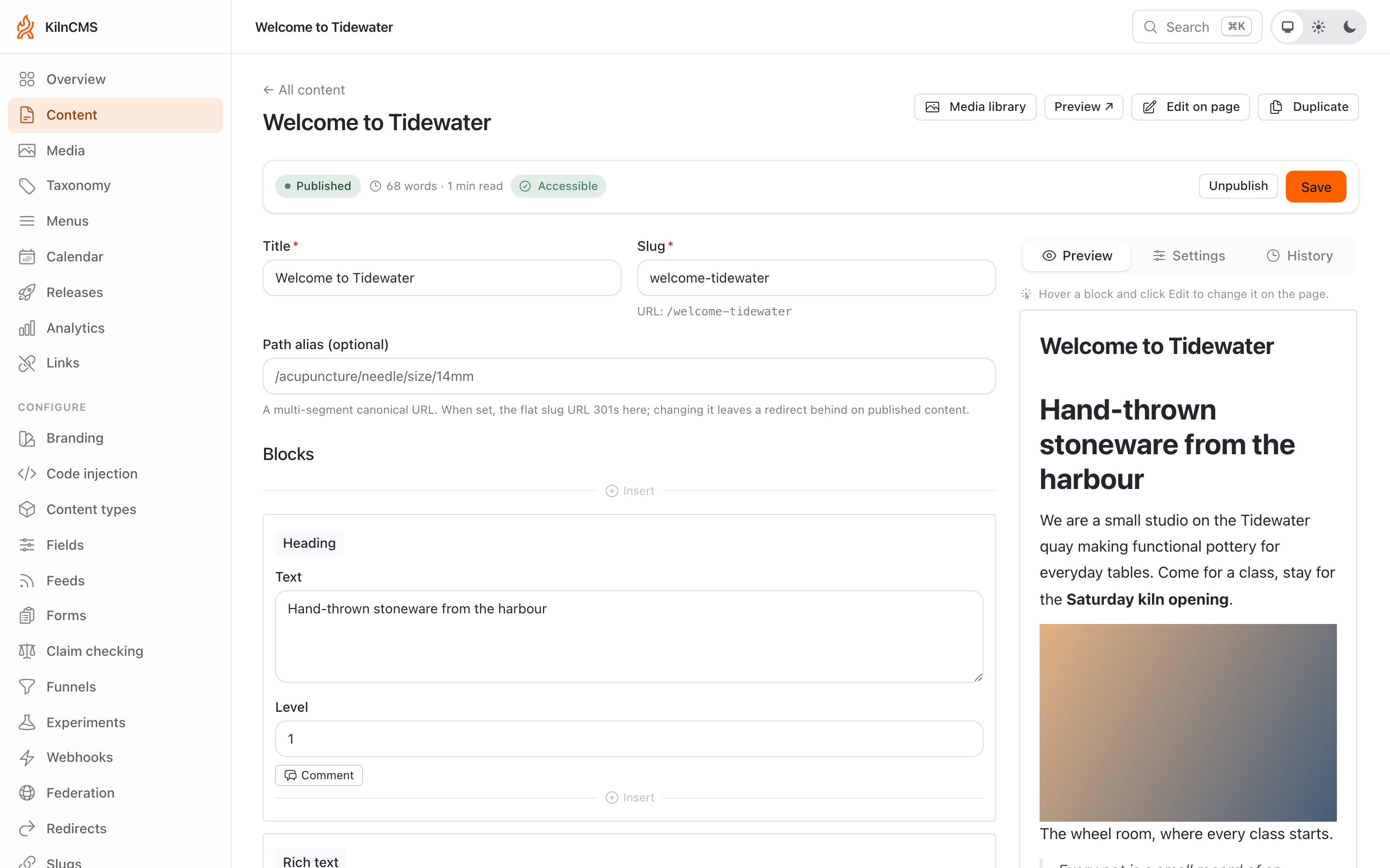 The KilnCMS block editor: a page's headings, text and image blocks, with the inspector alongside.