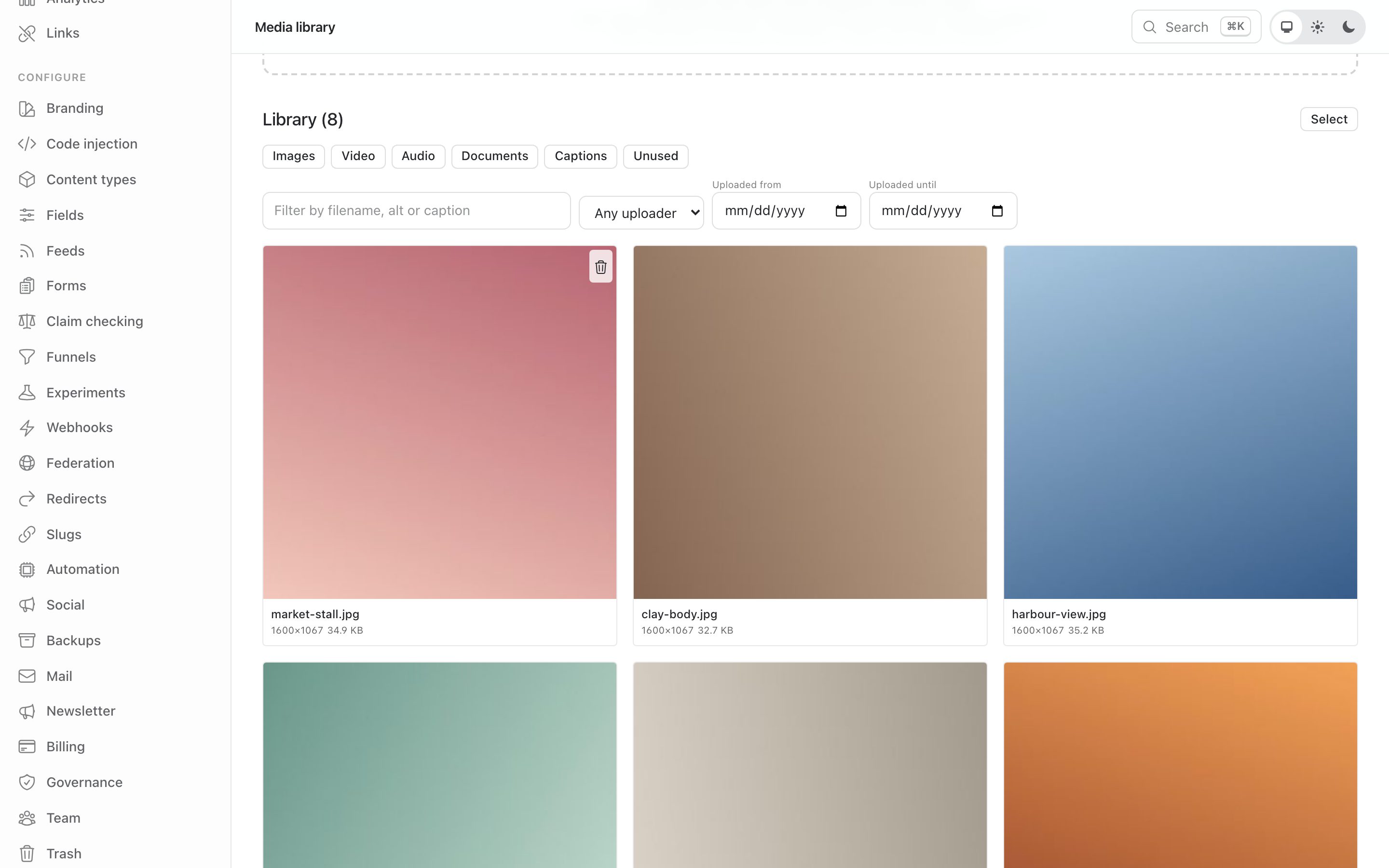 The KilnCMS media library with a grid of images.